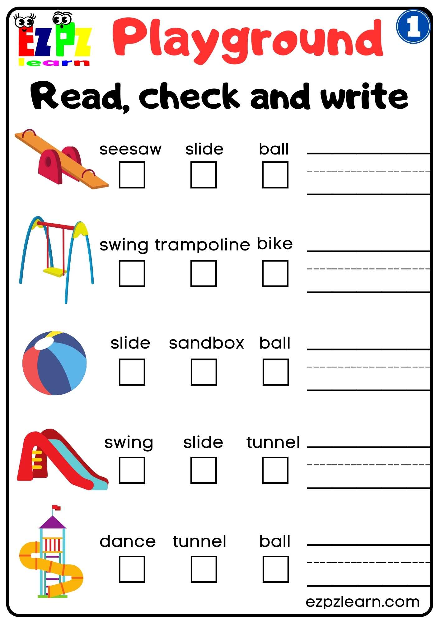 Playground 1 Read Check and Write Worksheet for Kindergarten and ESL Students Free Download
